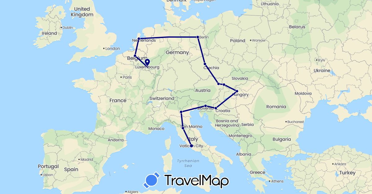 TravelMap itinerary: driving in Austria, Belgium, Czech Republic, Germany, Croatia, Hungary, Italy, Luxembourg, Netherlands, Slovenia, Slovakia (Europe)